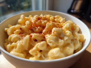 Close-up of a bowl of ultra-creamy stovetop mac and cheese, sprinkled with paprika.