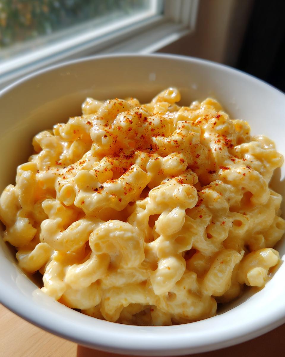 Close-up of a bowl of ultra-creamy stovetop mac and cheese, sprinkled with paprika.