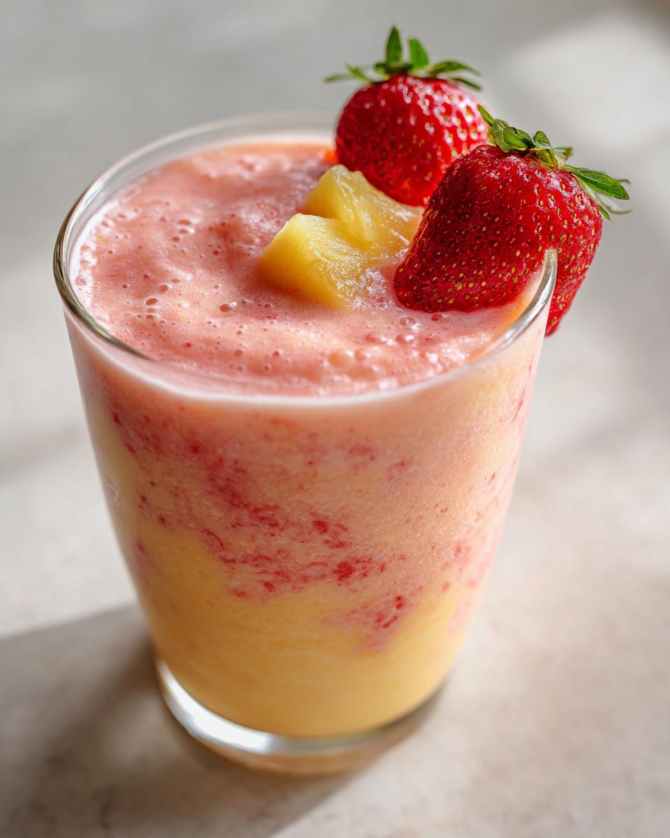 A vibrant strawberry pina colada smoothie in a glass, garnished with fresh strawberries and pineapple chunks.