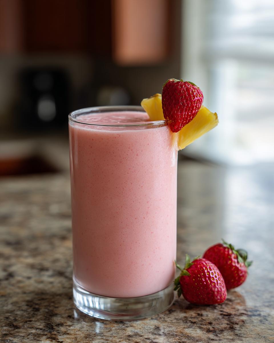 A tall glass filled with a pink strawberry pina colada smoothie, garnished with a strawberry and pineapple slice.