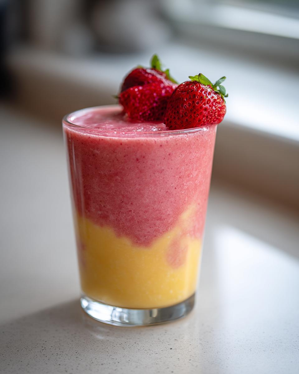 A refreshing strawberry pina colada smoothie in a glass, topped with fresh strawberries.
