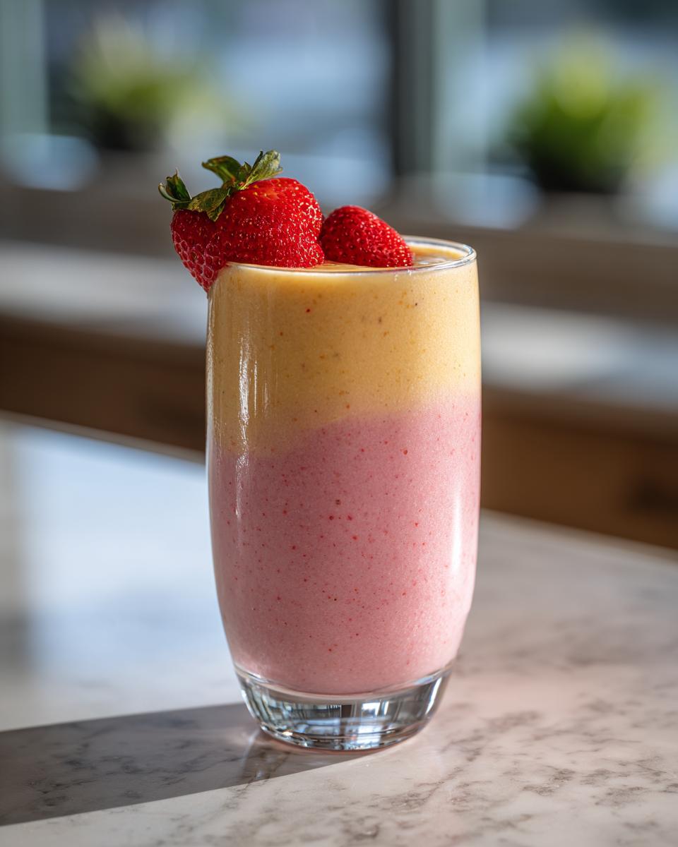 A tall glass filled with a layered strawberry pina colada smoothie, garnished with fresh strawberries.