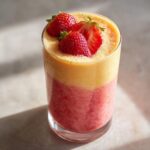 A vibrant strawberry pina colada smoothie layered with red and yellow hues, topped with fresh strawberries.