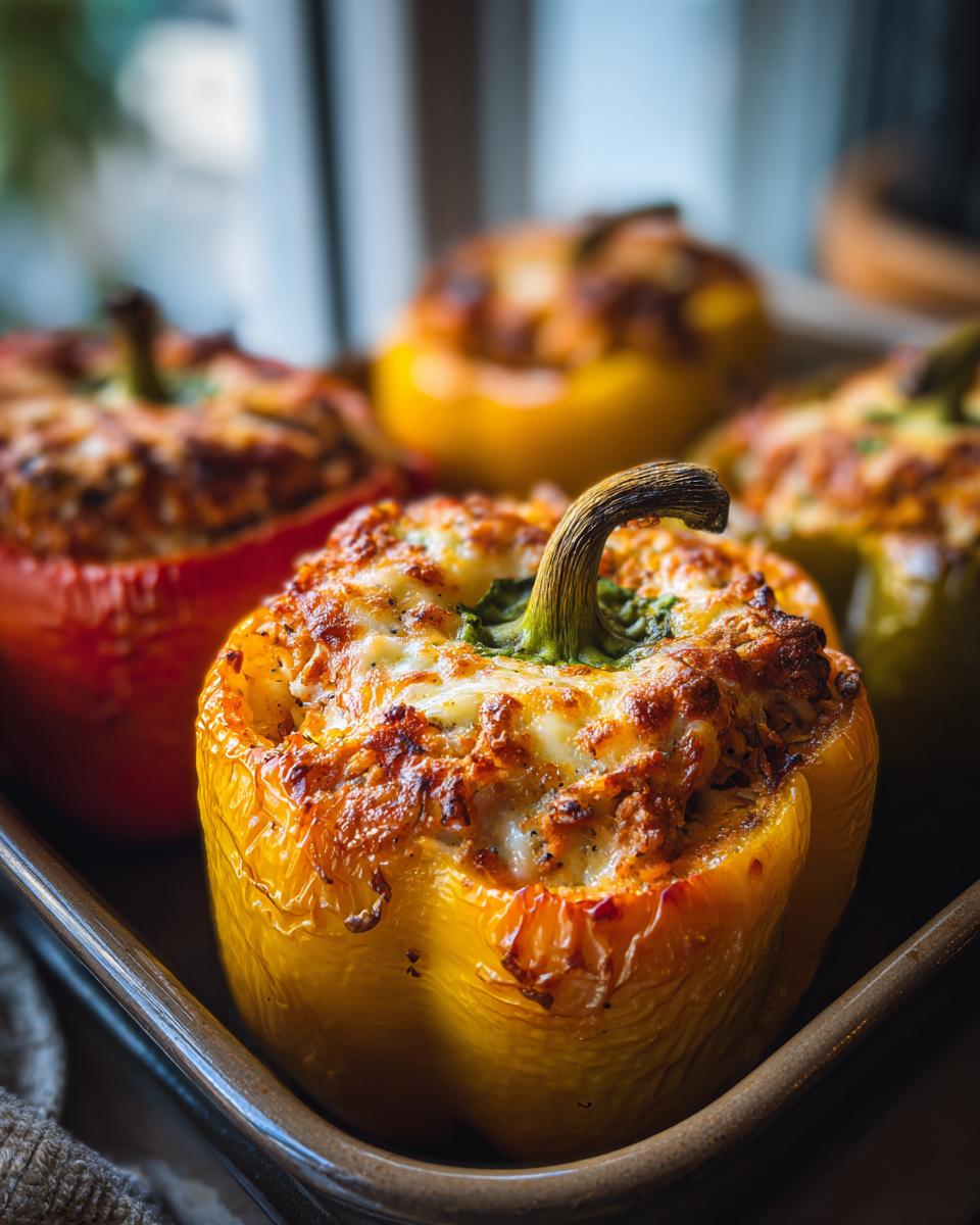 Close-up of golden brown baked stuffed bell peppers, topped with melted cheese and herbs, ready to serve.