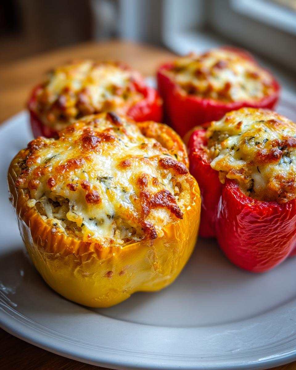 Close-up of golden brown baked stuffed bell peppers with melted cheese on a white plate.