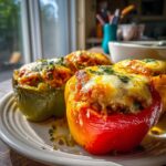 Close-up of colorful stuffed bell peppers, baked with a cheesy topping and sprinkled with herbs.