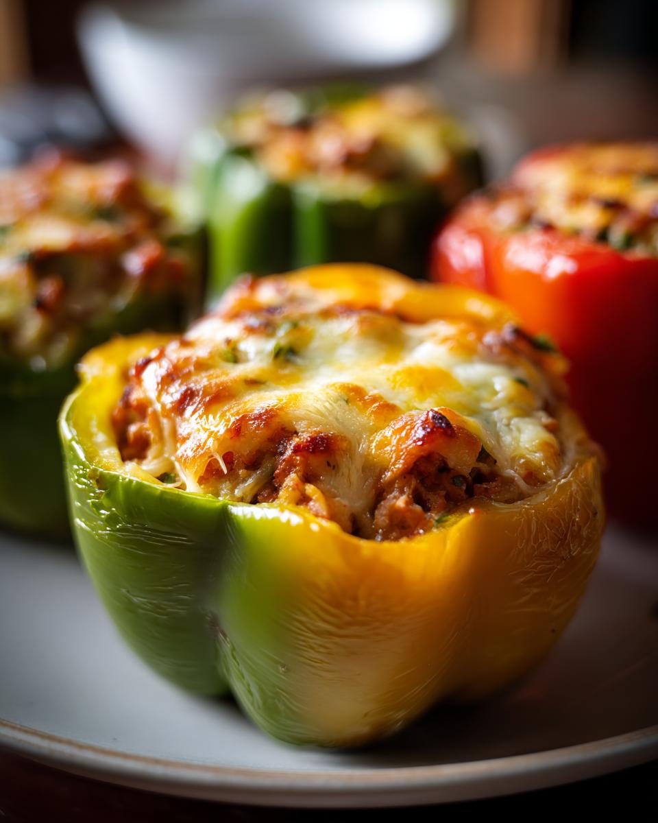 Close-up of a green and yellow stuffed bell pepper topped with melted cheese, with other stuffed peppers in the background.