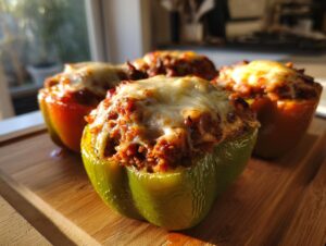Close-up of delicious stuffed bell peppers topped with melted cheese, ready to serve.