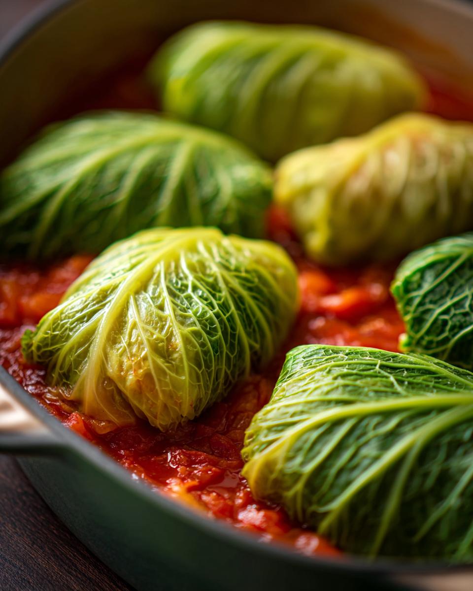 Close-up of delicious stuffed cabbage rolls nestled in a rich tomato sauce in a cooking dish.