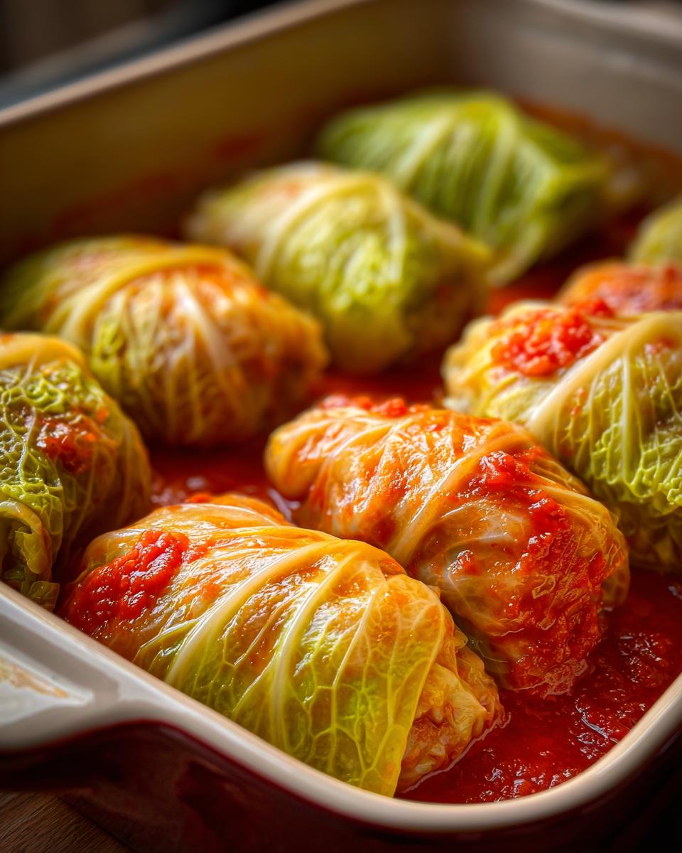 Close-up of delicious stuffed cabbage rolls nestled in a rich tomato sauce in a baking dish.