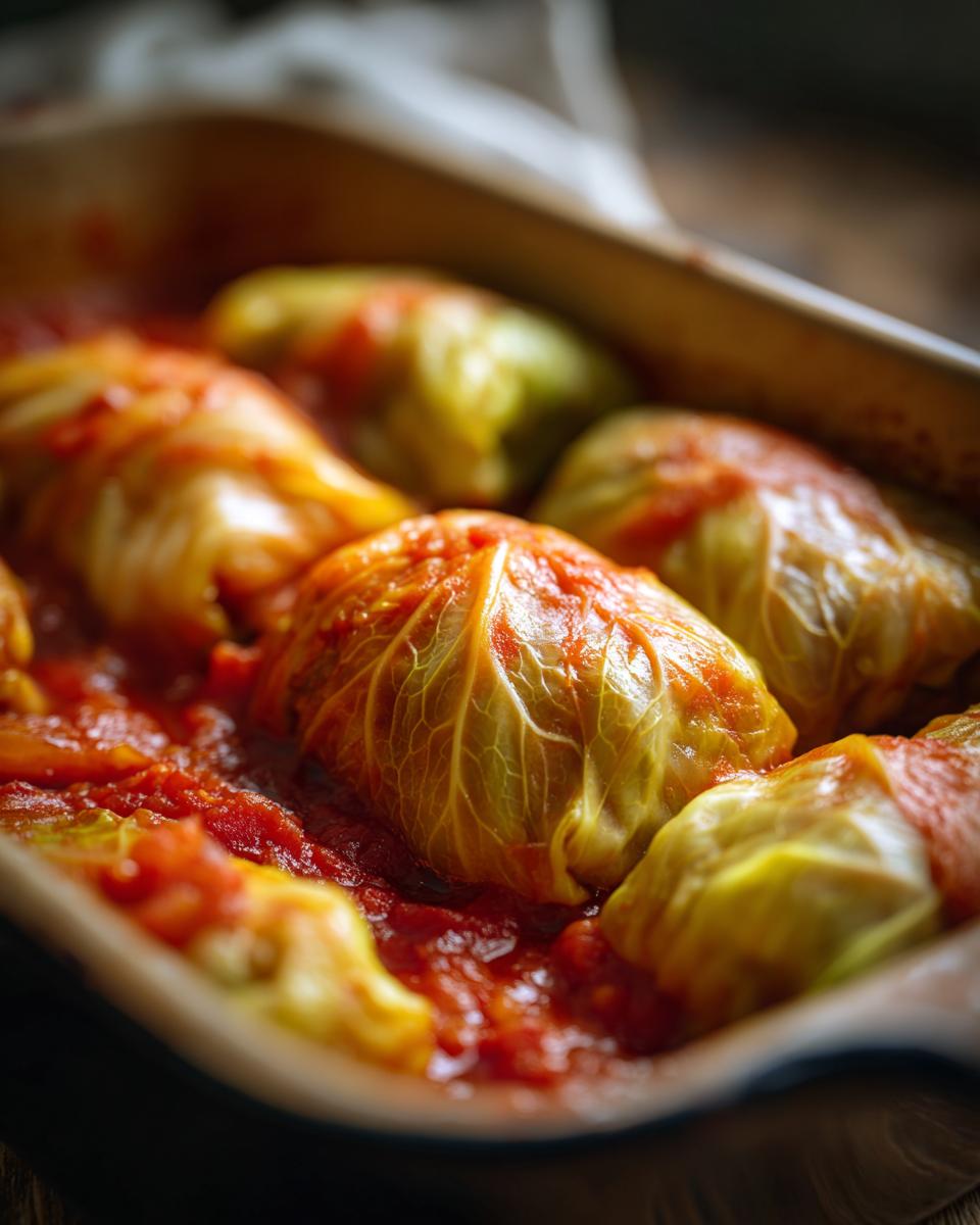 Close-up of delicious stuffed cabbage rolls simmering in a rich tomato sauce in a baking dish.