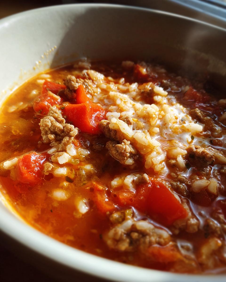 A close-up of a bowl of delicious stuffed pepper soup, featuring ground beef, diced tomatoes, and rice in a rich broth.