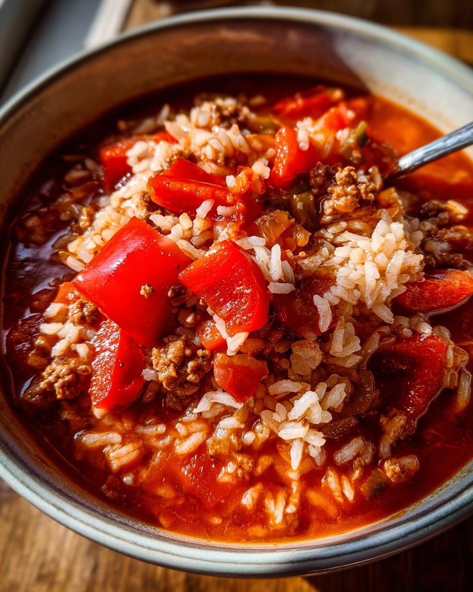 A close-up of a bowl of stuffed pepper soup, featuring tender chunks of red bell pepper, seasoned ground beef, and fluffy white rice in a rich tomato broth.