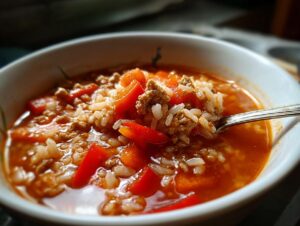 A close-up of a bowl of stuffed pepper soup, featuring rice, ground beef, and red bell peppers in a rich tomato broth.