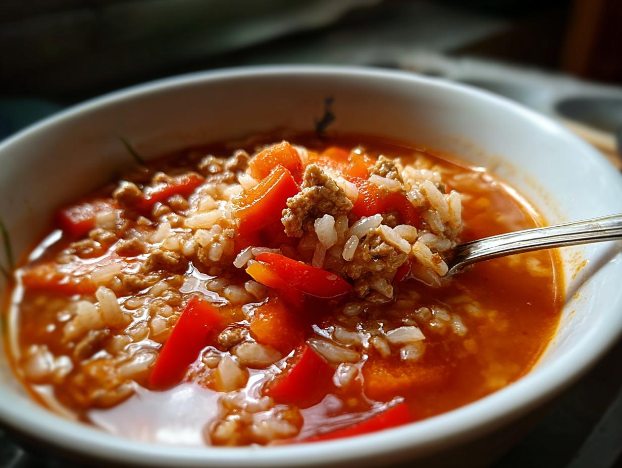 A close-up of a bowl of stuffed pepper soup, featuring rice, ground beef, and red bell peppers in a rich tomato broth.