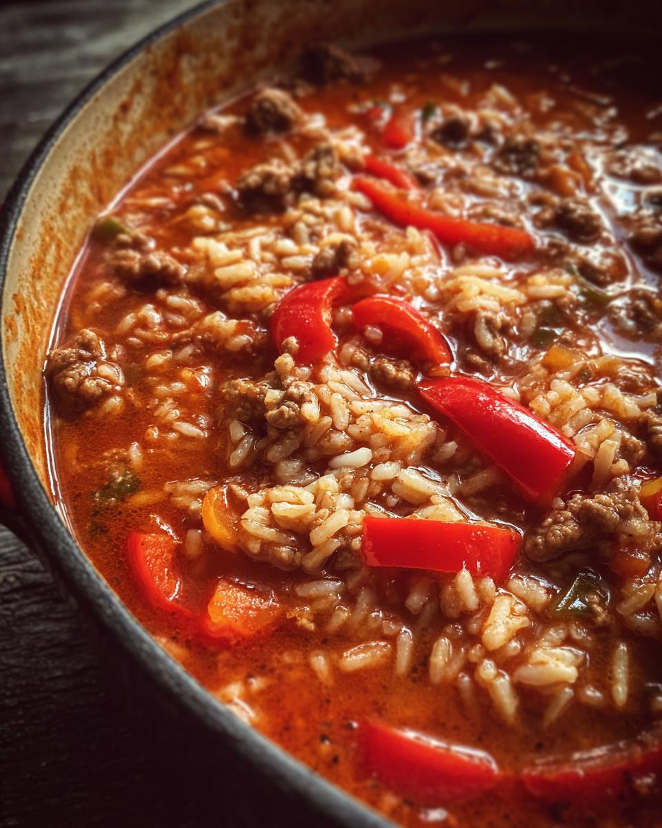 Close-up of a pot filled with delicious stuffed pepper soup, featuring rice, ground meat, and red bell pepper chunks.