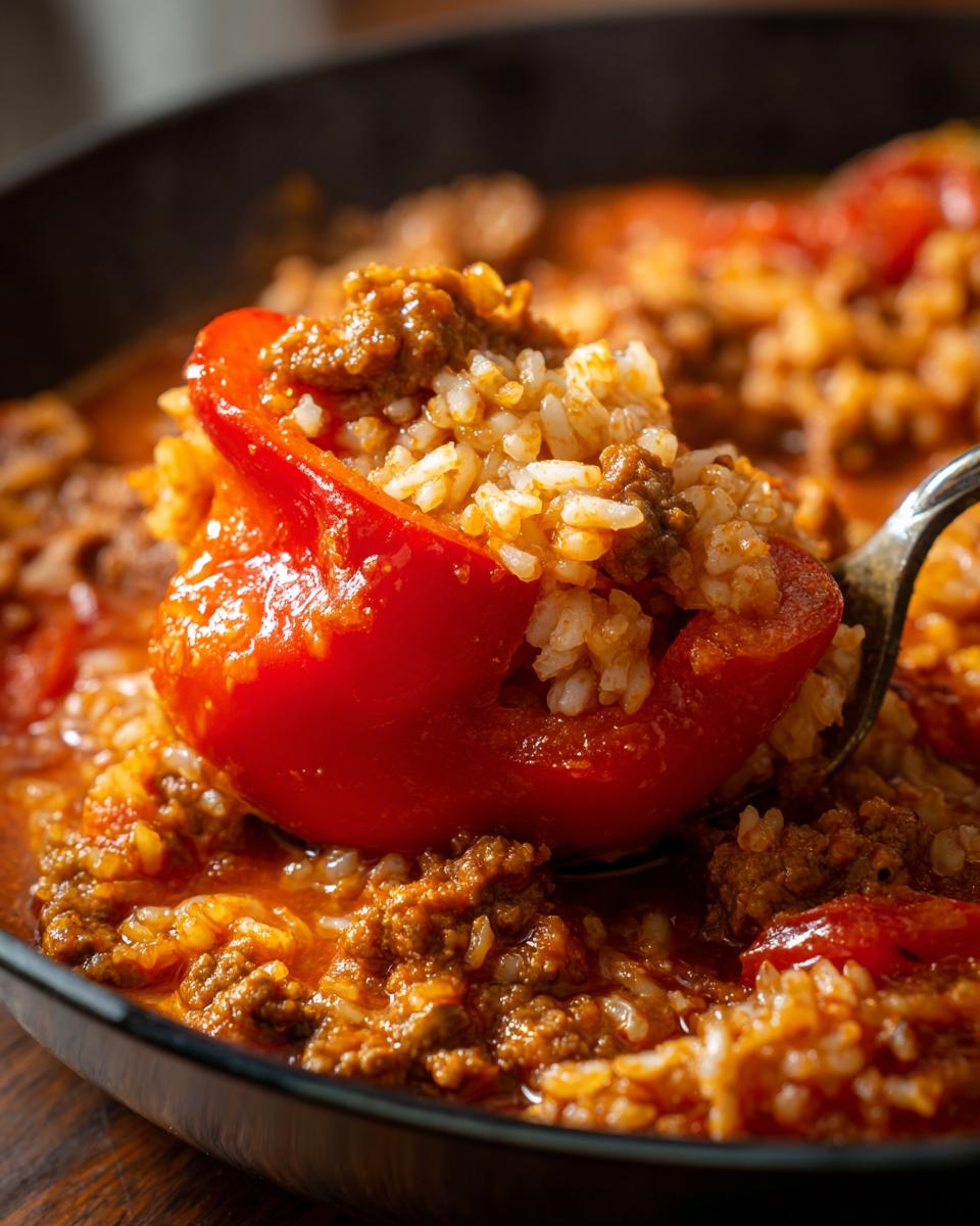 A spoonful of delicious stuffed pepper soup, showing a red pepper filled with rice and ground meat in a rich tomato broth.
