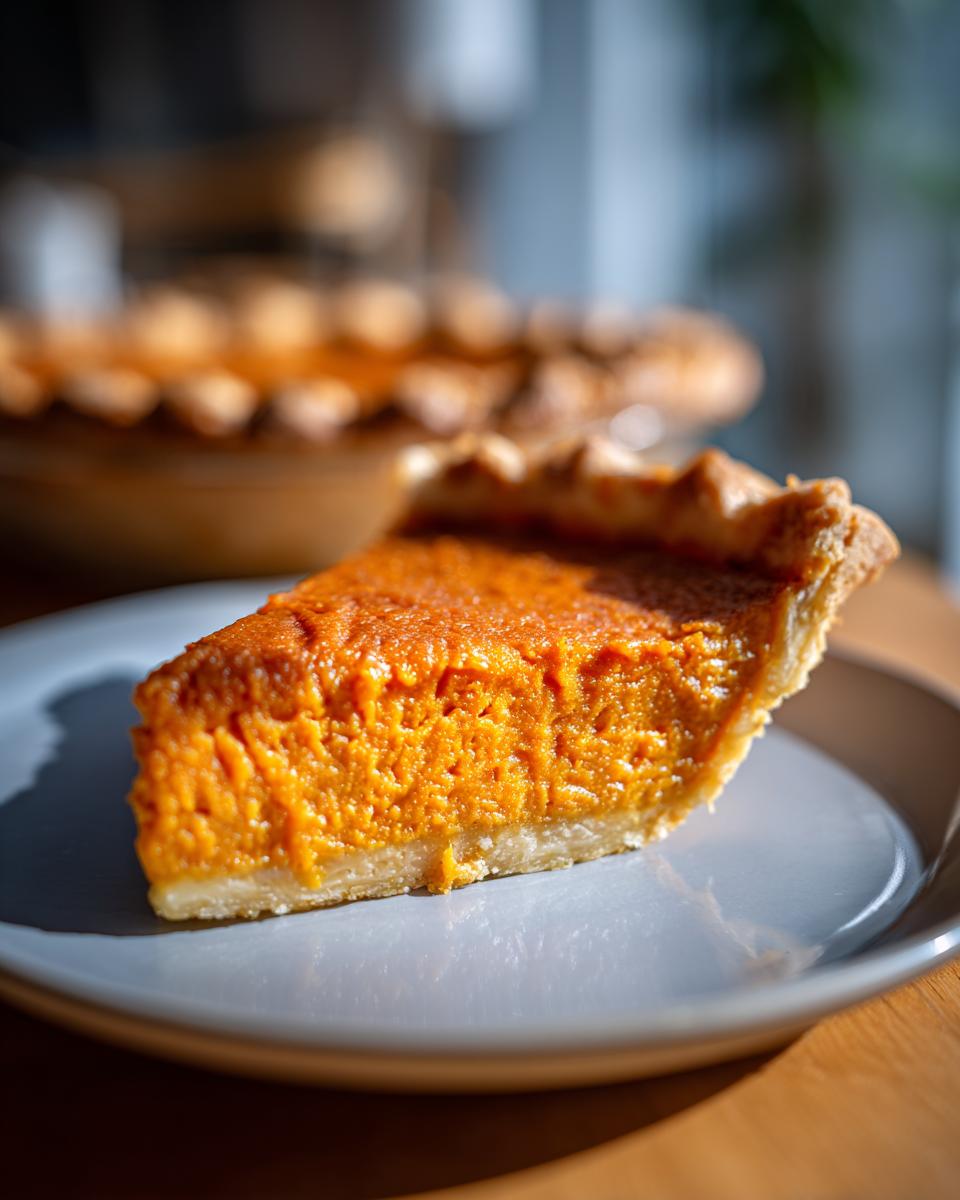 A close-up of a slice of silky sweet potato pie on a gray plate, with another pie in the blurred background.
