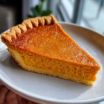A perfect slice of silky sweet potato pie on a white plate, showcasing its vibrant orange filling and flaky crust.