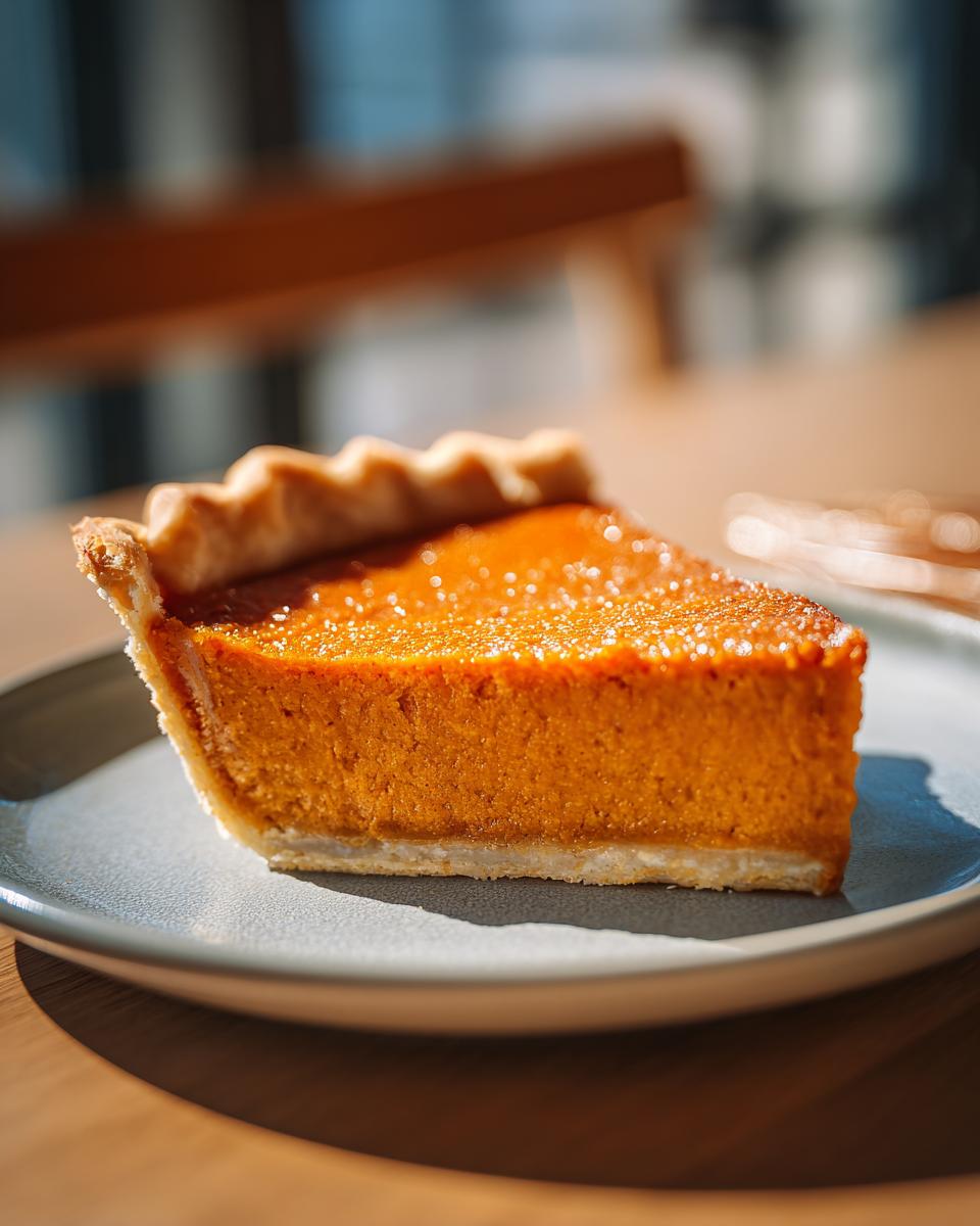 A close-up of a slice of sweet potato pie on a plate, showcasing its smooth texture and golden crust.