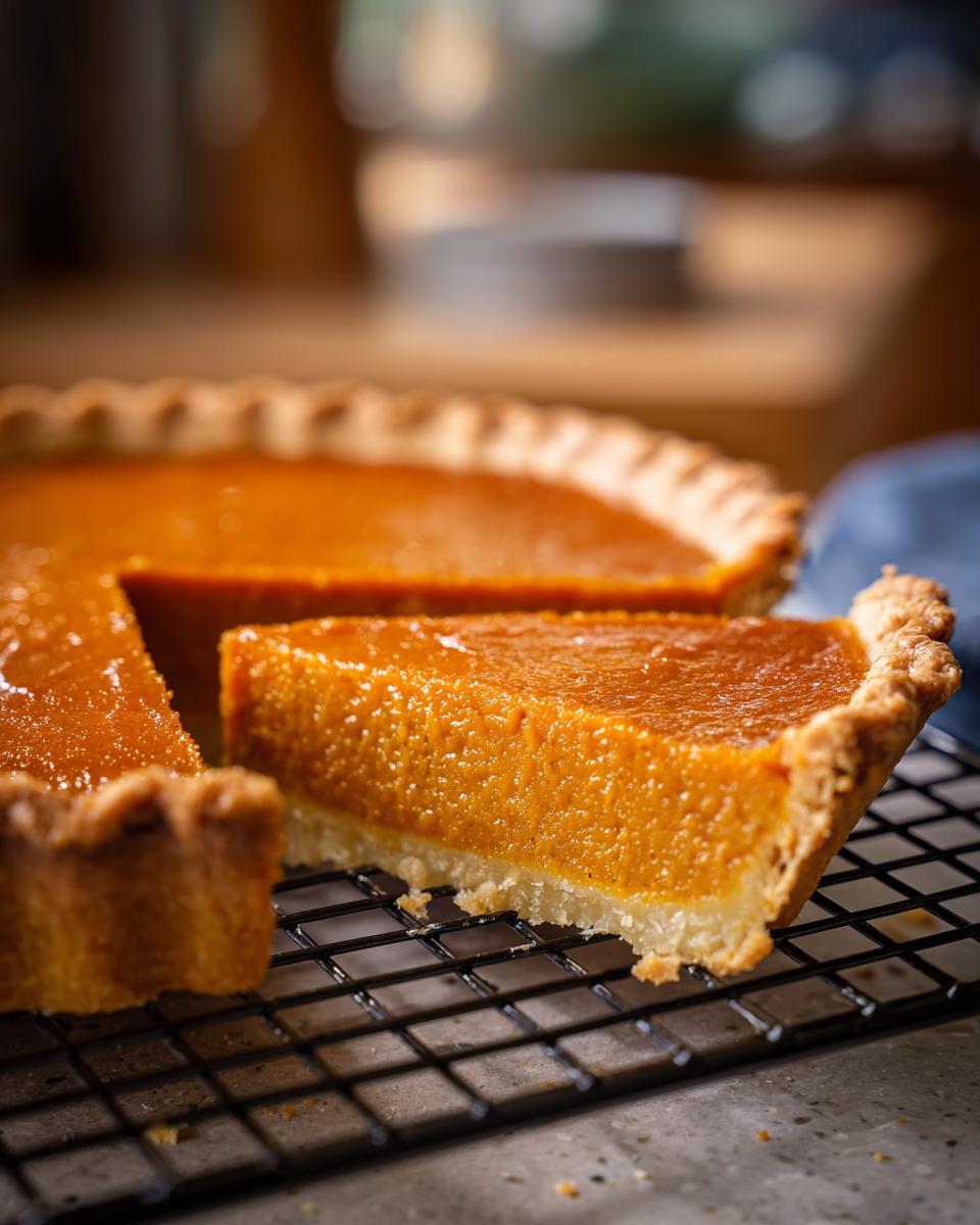 A close-up shot of a slice of silky sweet potato pie on a cooling rack, showcasing its vibrant orange filling and flaky crust.