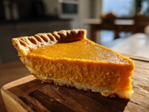 A close-up view of a slice of sweet potato pie with a golden crust and smooth filling.