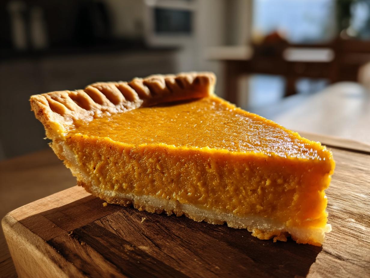 A close-up view of a slice of sweet potato pie with a golden crust and smooth filling.