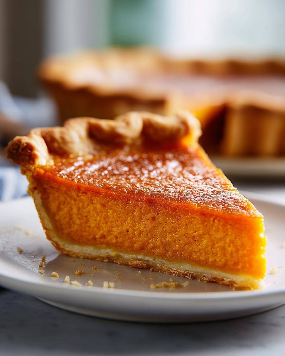 A close-up of a slice of sweet potato pie on a white plate, showcasing its smooth, vibrant orange filling and golden crust.