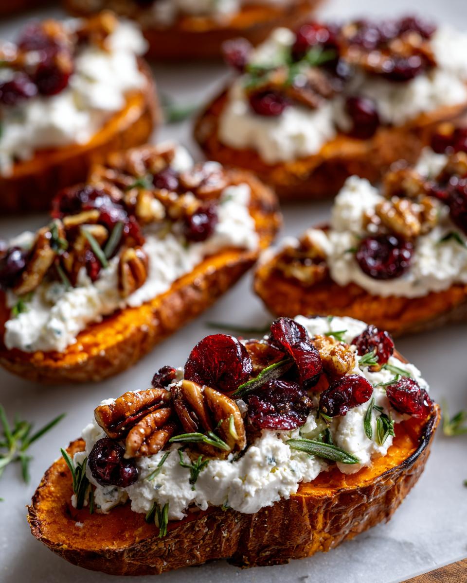 Close-up of sweet potato rounds topped with creamy goat cheese, dried cranberries, pecans, and rosemary.