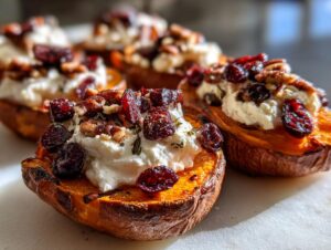 Close-up of festive sweet potato rounds topped with creamy goat cheese, dried cranberries, and chopped pecans.