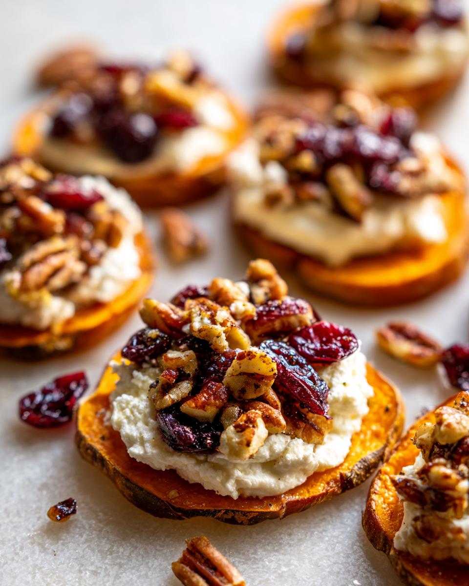 Close-up of sweet potato rounds topped with creamy goat cheese, dried cranberries, and chopped pecans.