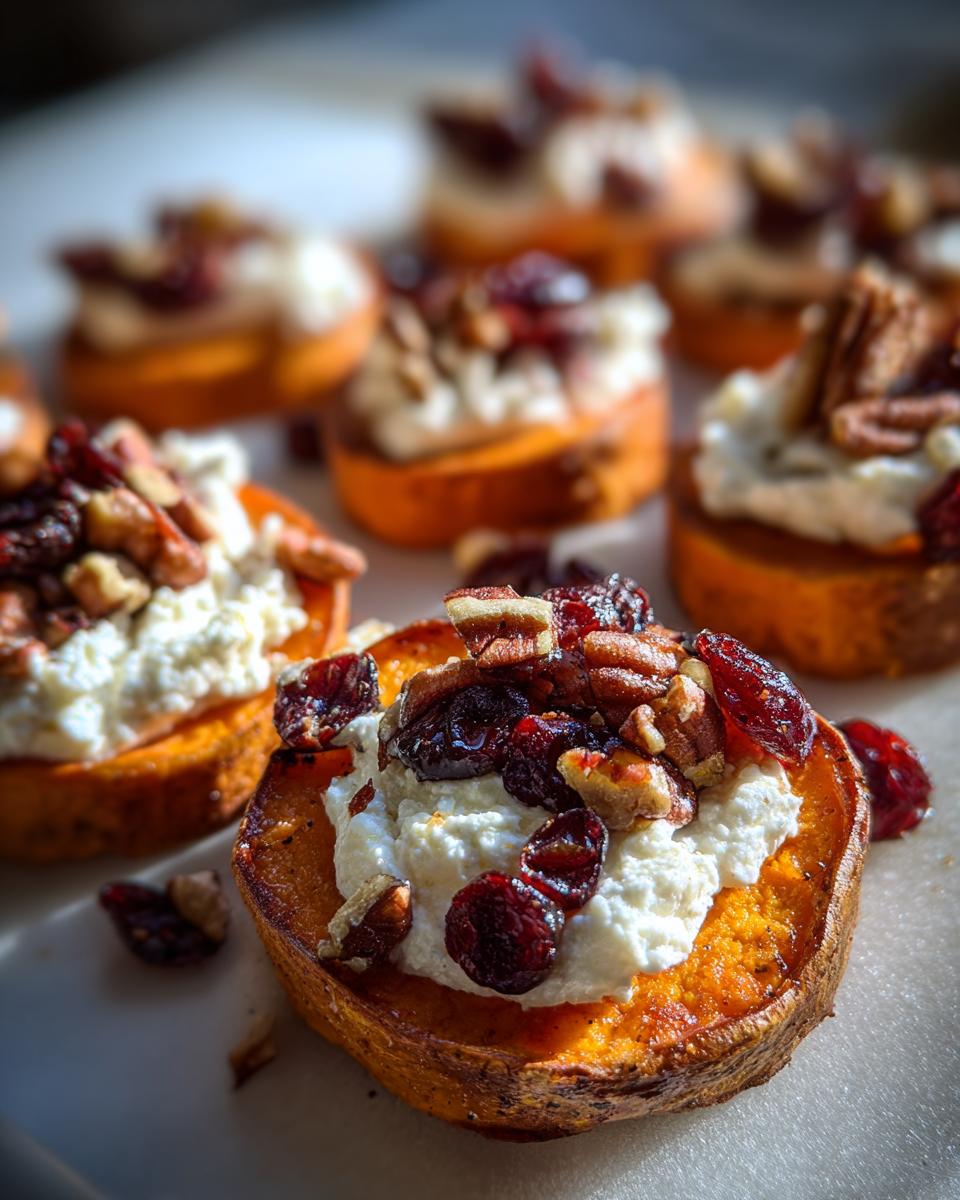 Close-up of sweet potato rounds topped with creamy goat cheese, dried cranberries, and chopped pecans.