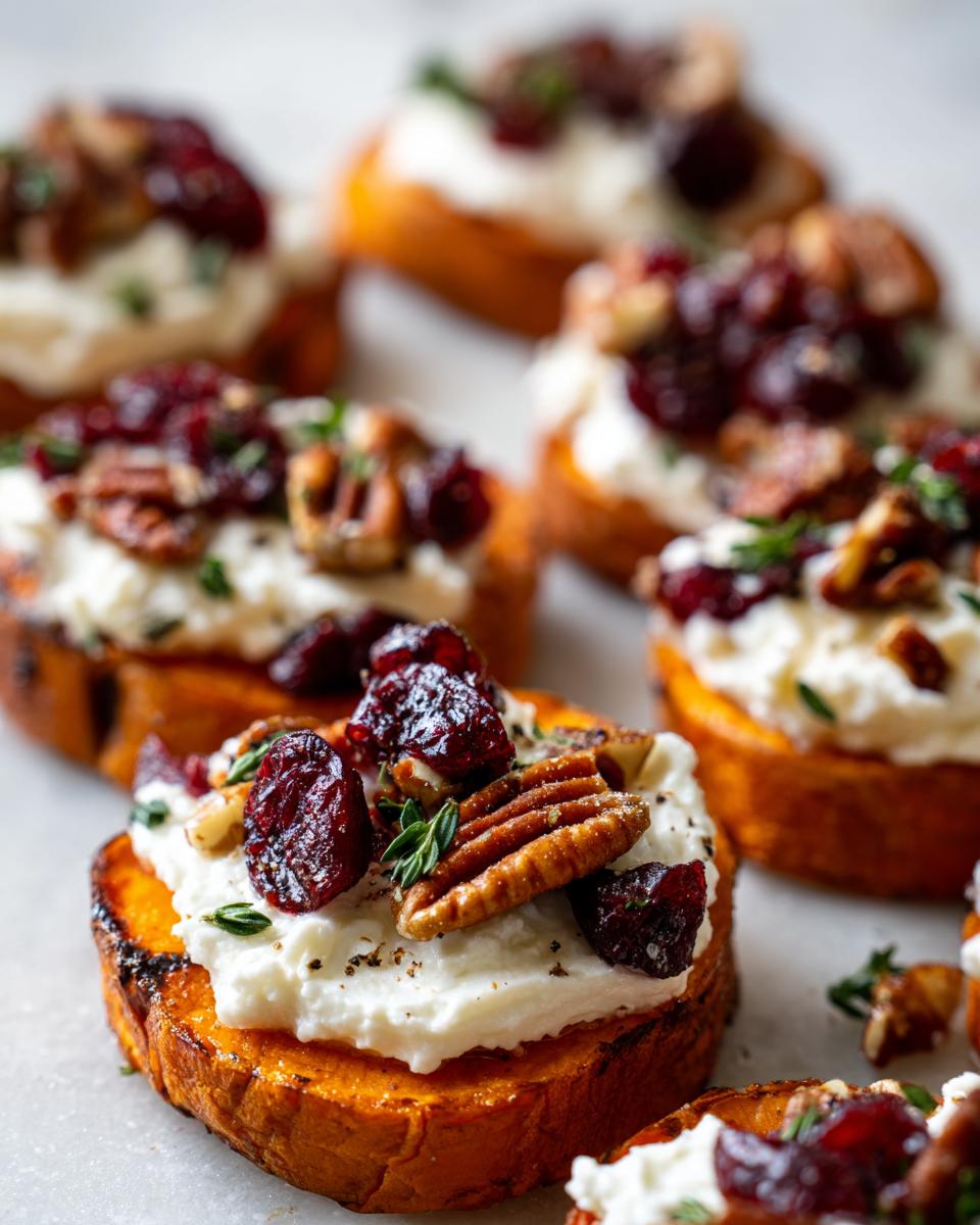 Close-up of sweet potato rounds topped with creamy goat cheese, dried cranberries, and toasted pecans.