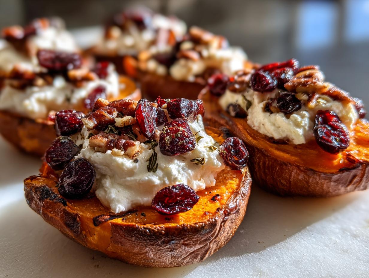 Close-up of festive sweet potato rounds topped with creamy goat cheese, dried cranberries, and chopped pecans.