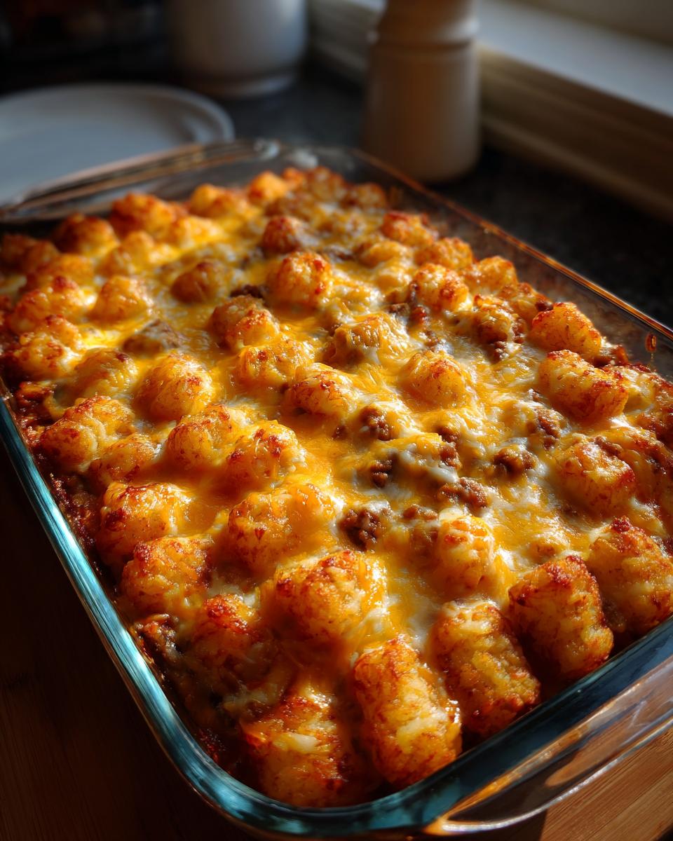 Close-up of a bubbly, golden Tater Tot Casserole topped with melted cheese in a glass baking dish.