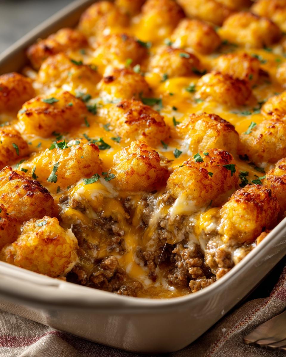 Close-up of a bubbling Tater Tot Casserole in a baking dish, topped with golden tater tots and melted cheddar cheese.