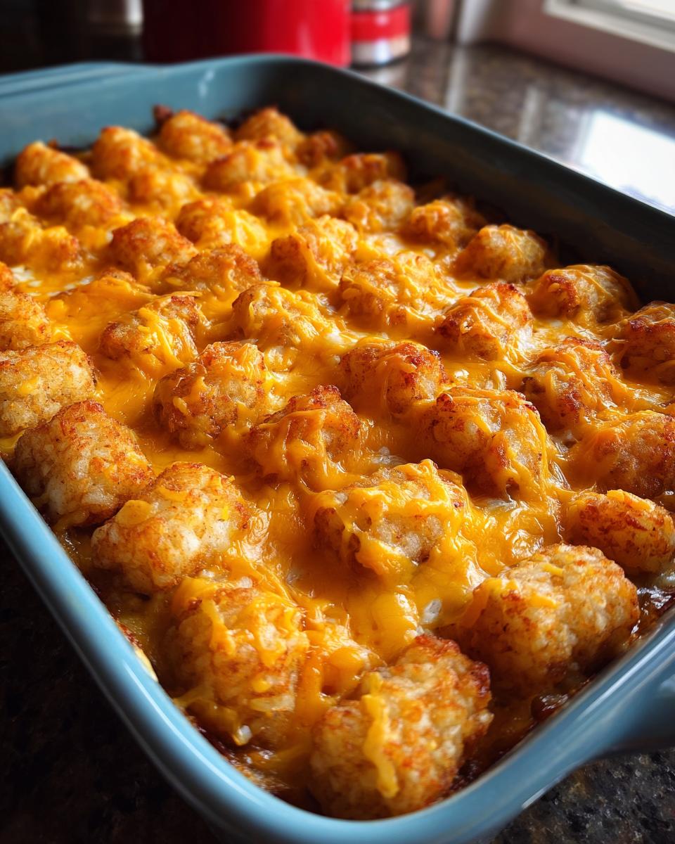 Close-up of a bubbly Tater Tot Casserole topped with melted golden cheese in a blue baking dish.