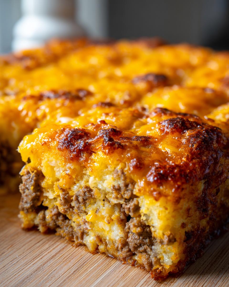 A close-up of a slice of tater tot casserole, showcasing layers of ground beef and melted cheese.