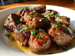 Close-up of juicy Texas Roadhouse steak bites seasoned with herbs and garlic, served in a savory sauce.