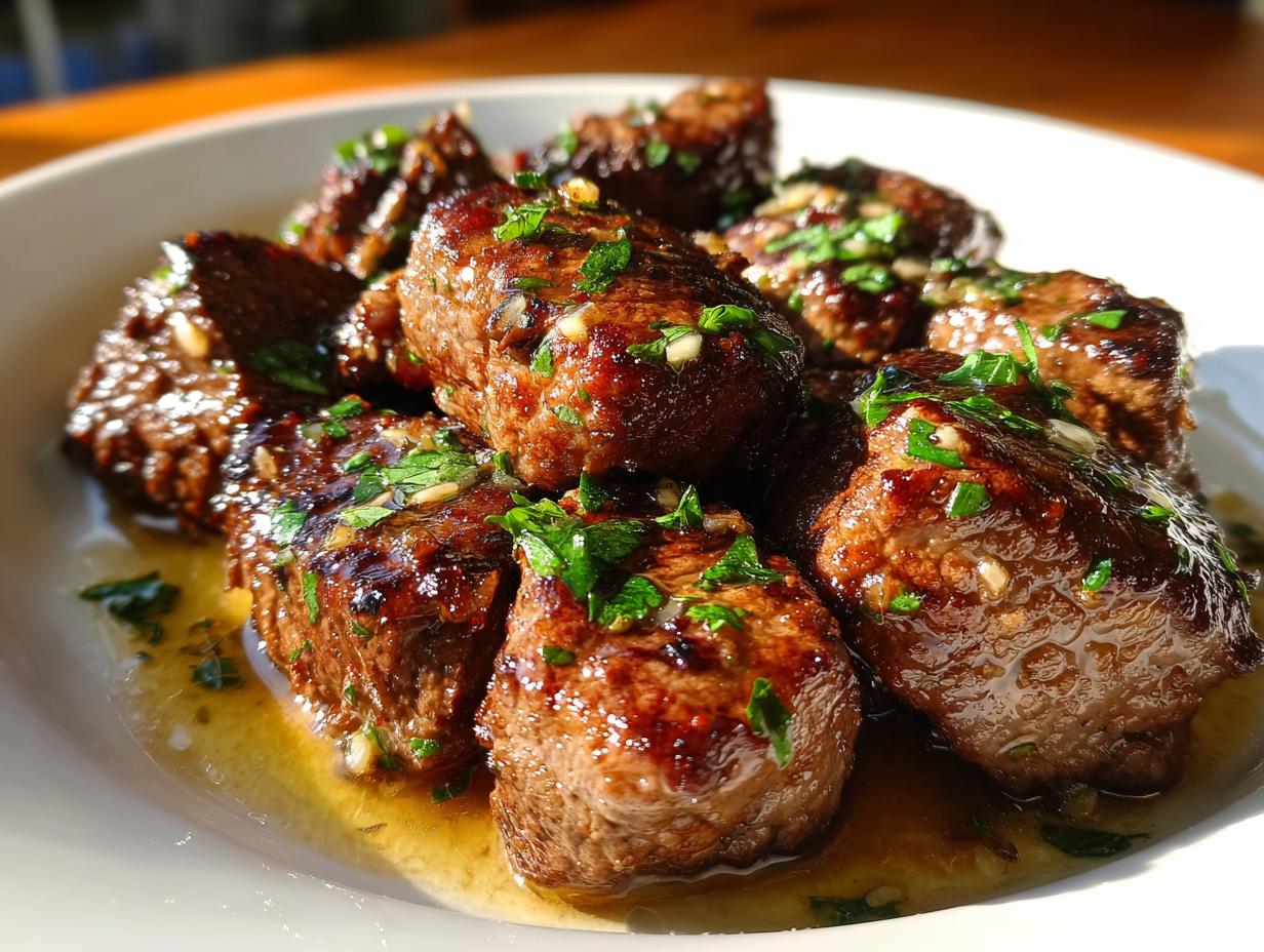 Close-up of juicy Texas Roadhouse steak bites seasoned with herbs and garlic, served in a savory sauce.