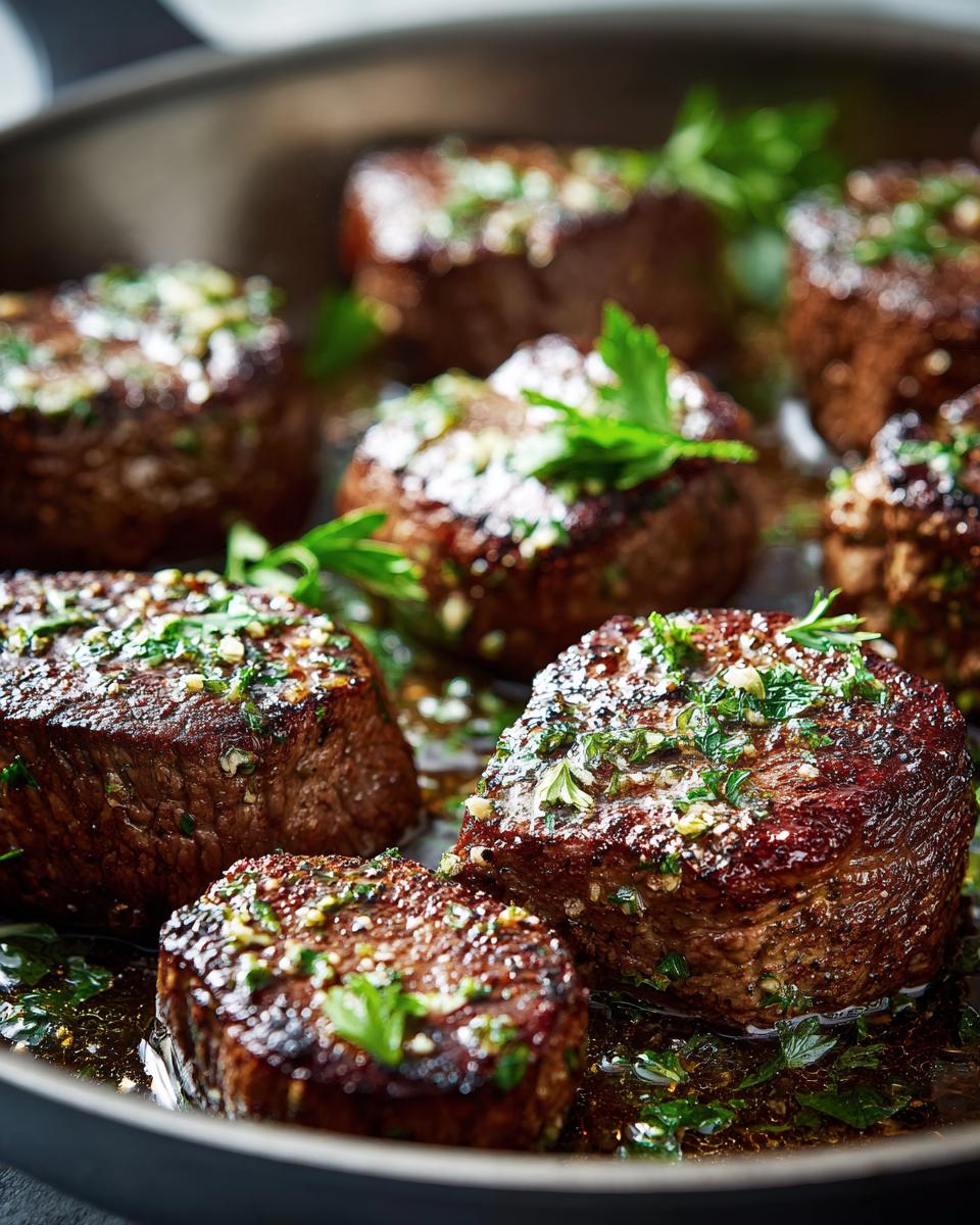 Close-up of juicy Texas Roadhouse steak bites sizzling in a pan with herbs and garlic.