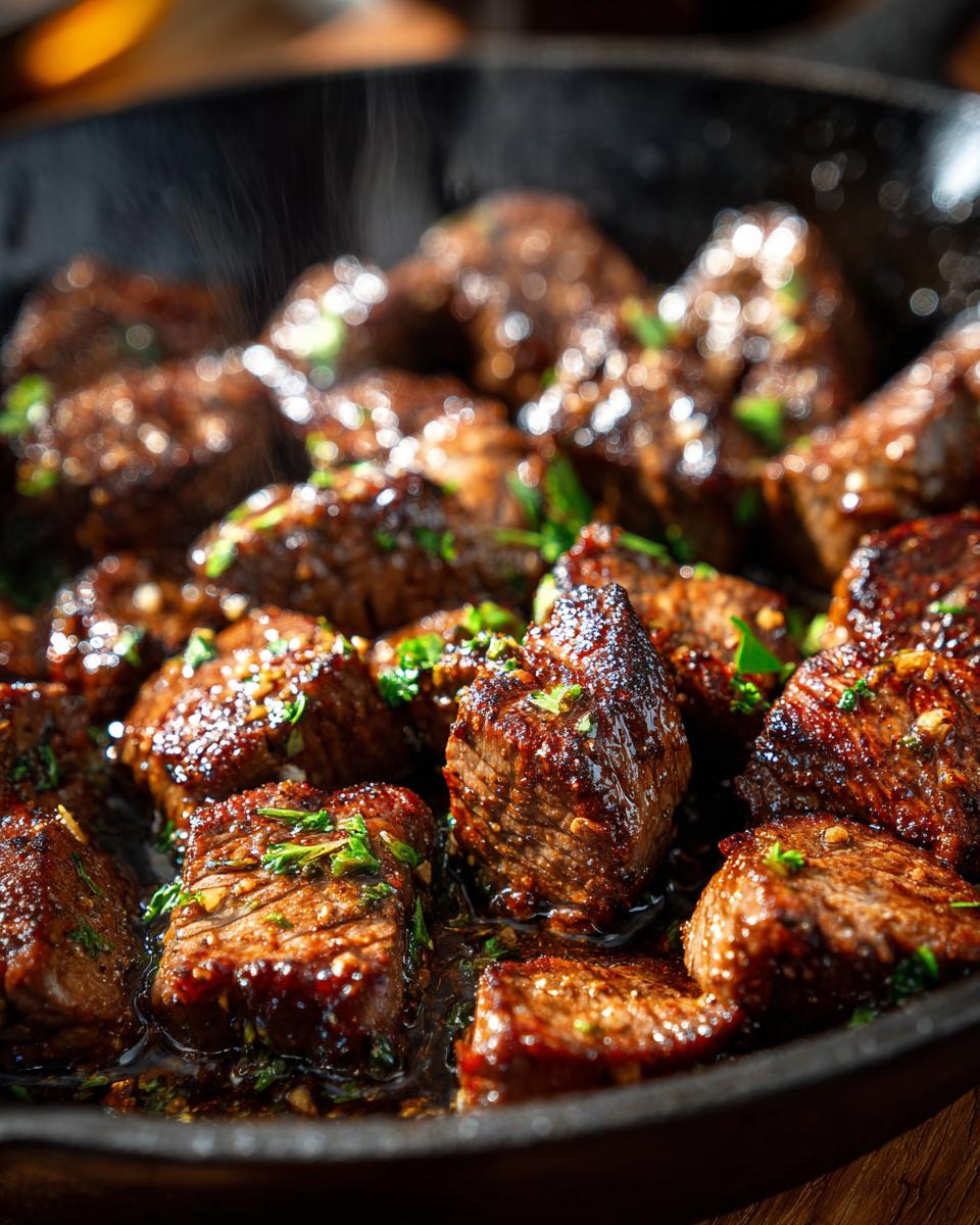 Close-up of sizzling Texas Roadhouse steak bites in a cast-iron skillet, garnished with fresh herbs.
