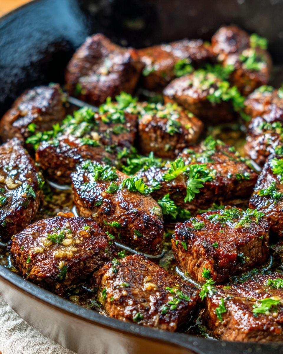 Close-up of juicy Texas Roadhouse steak bites seasoned and garnished with fresh parsley in a cast iron skillet.