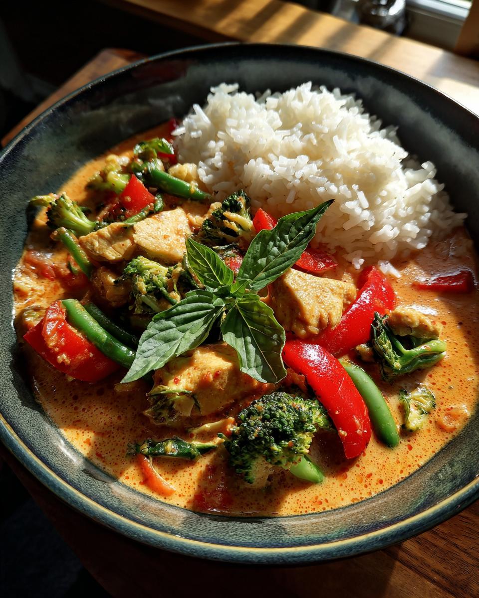A bowl of vibrant Thai red curry chicken with broccoli, red peppers, and green beans, served with fluffy white rice and garnished with basil.