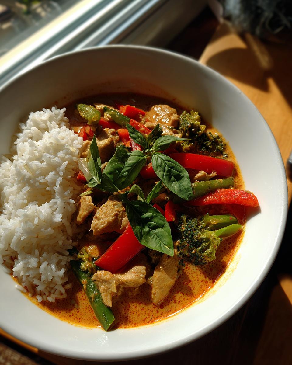 A bowl of delicious Thai red curry chicken with rice, featuring chicken pieces, broccoli, red bell peppers, and fresh basil.