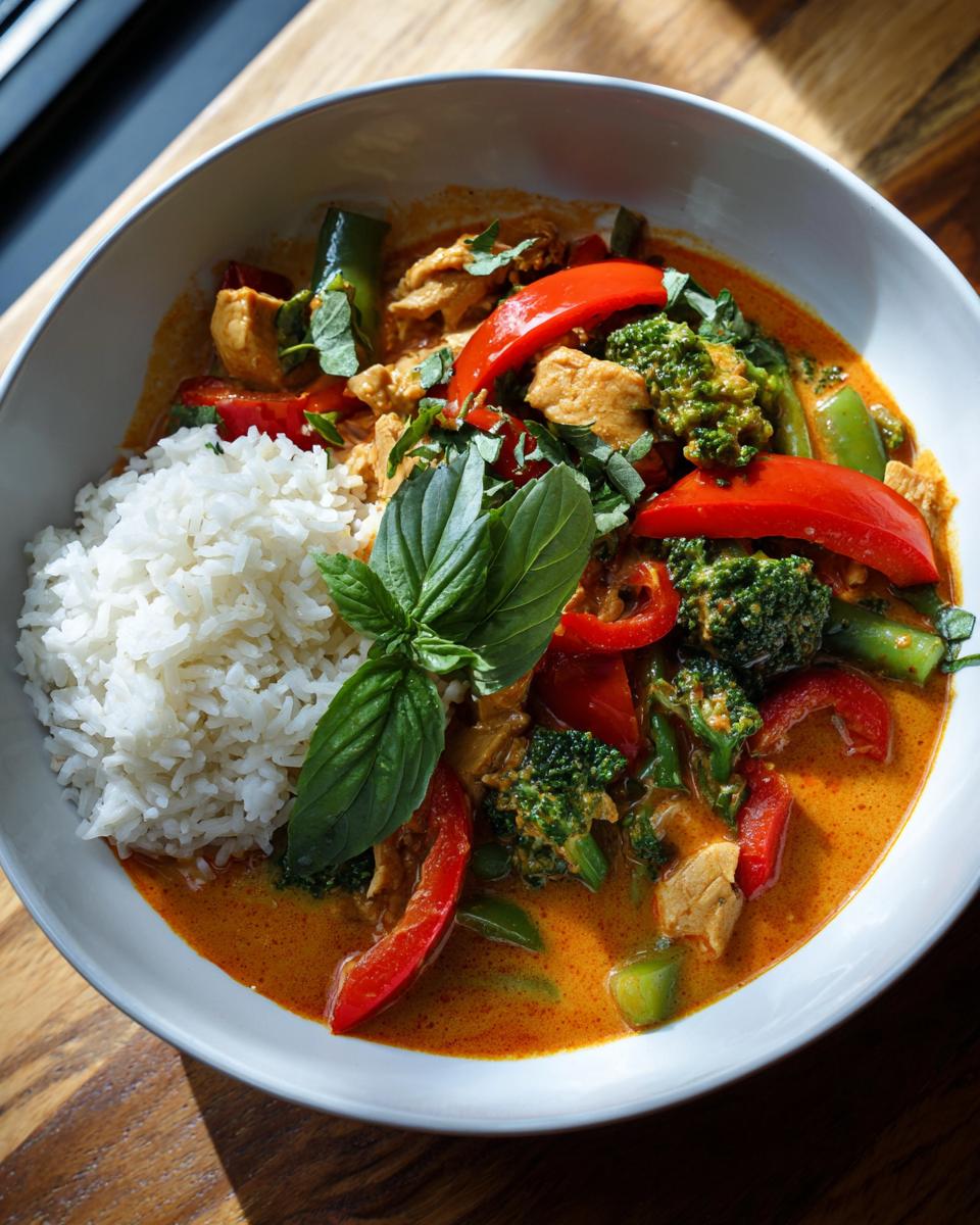 A bowl of Thai red curry chicken served with fluffy white rice and a mix of broccoli, red bell peppers, and green beans.
