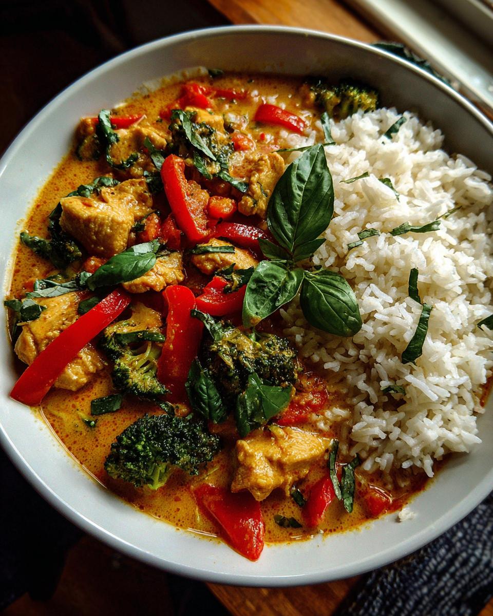 A bowl of flavorful Thai red curry chicken with bell peppers, broccoli, and fresh basil, served with fluffy white rice.