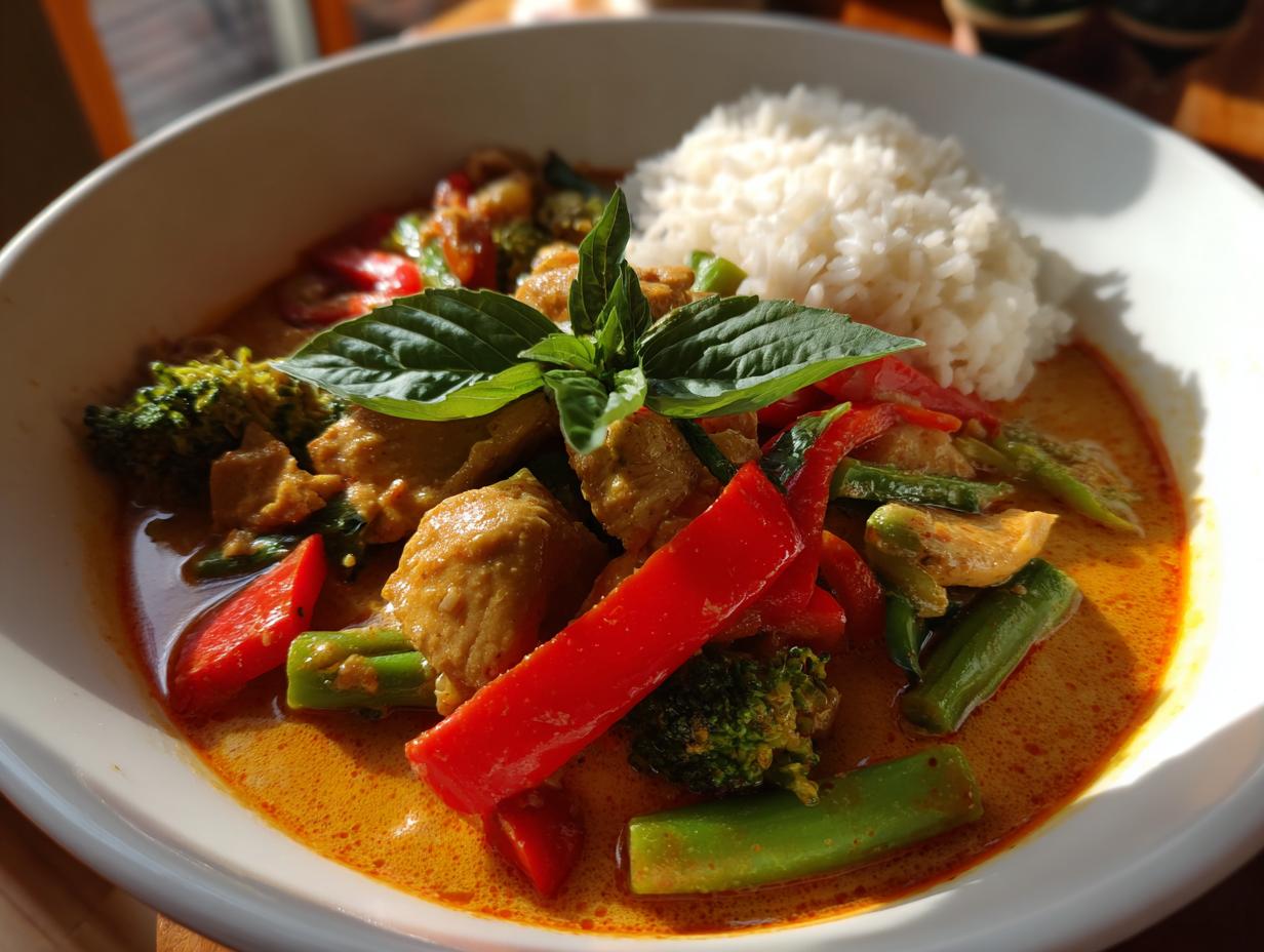 A vibrant bowl of Thai red curry chicken with broccoli, red bell peppers, green beans, and a side of fluffy white rice, garnished with basil.