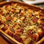 Close-up of a golden-brown turkey stuffing recipe baked in a ceramic dish, sprinkled with fresh herbs.