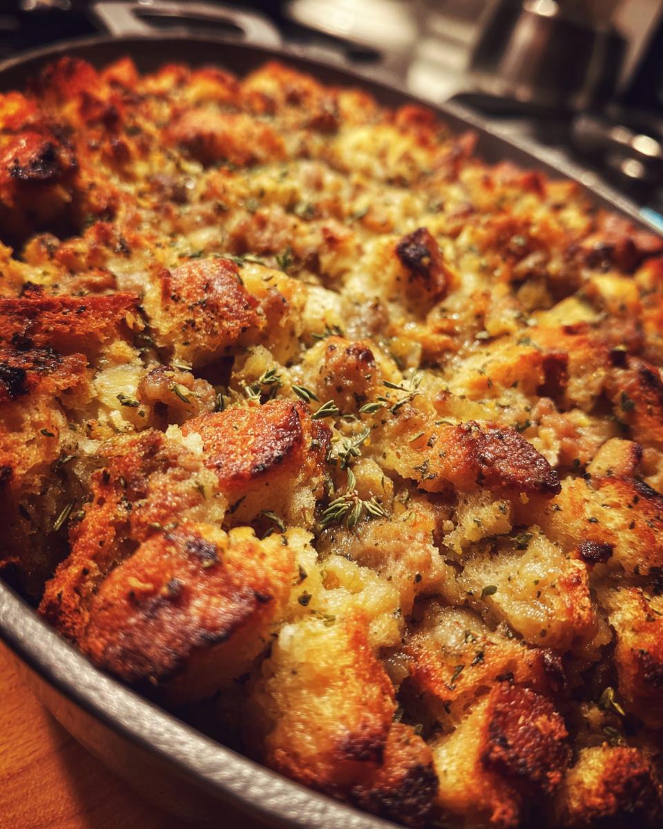 Close-up of a golden brown turkey stuffing recipe baked in a dish, topped with fresh herbs.